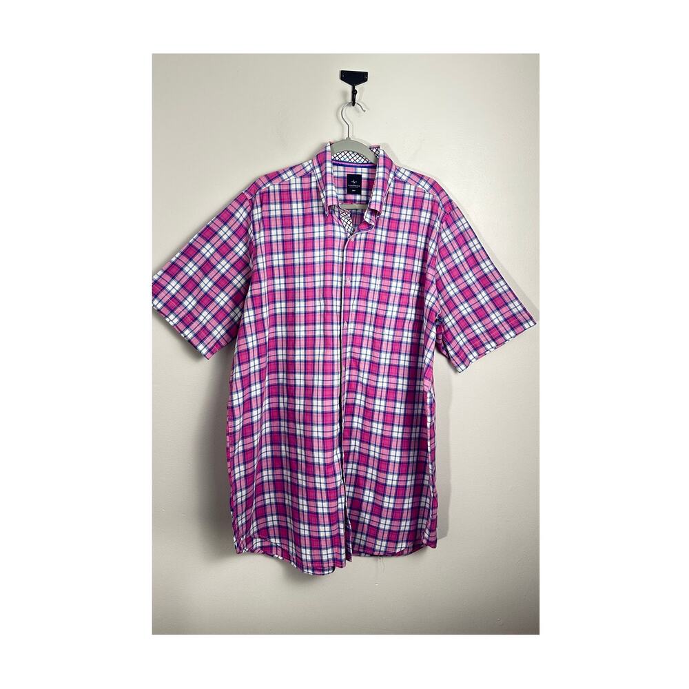 Tailorbyrd Men's 2XLT Plaid Button Down Shirt Pink Purple Check Short Sleeve